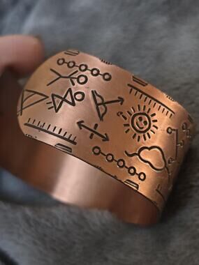 Vintage Solid Copper Cuff Bracelet | Hieroglyphic Etched Design | 7” Open Cuff